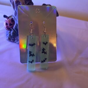 Green Glow In The Dark Halloween Gothic Bats In Rectangular Dangle Drop Earrings